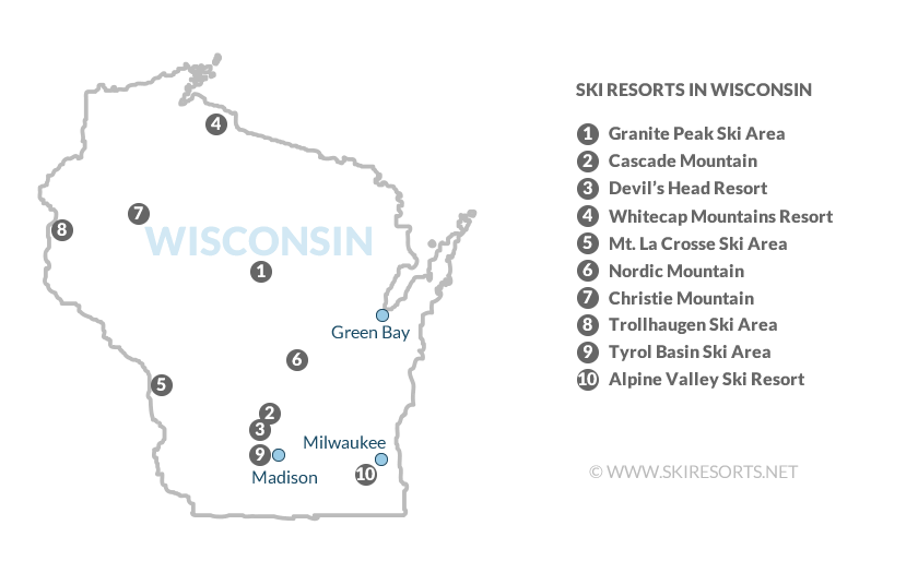 Map of the biggest Wisconsin ski resorts